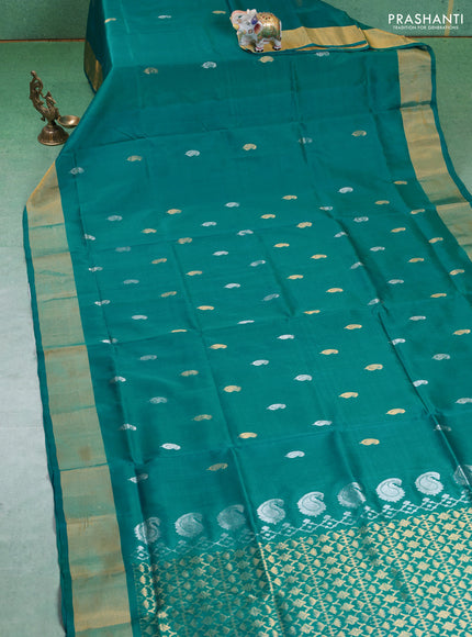 Pure uppada silk saree teal green with silver & gold zari woven paisley buttas and zari woven border
