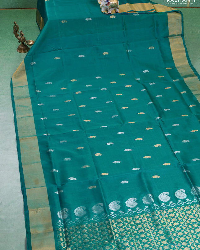 Pure uppada silk saree teal green with silver & gold zari woven paisley buttas and zari woven border
