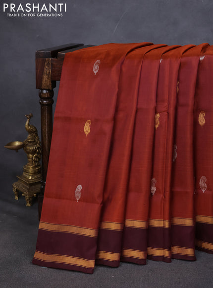 Pure uppada silk saree rustic orange and deep wine with silver & gold zari woven paisley buttas and zari woven border