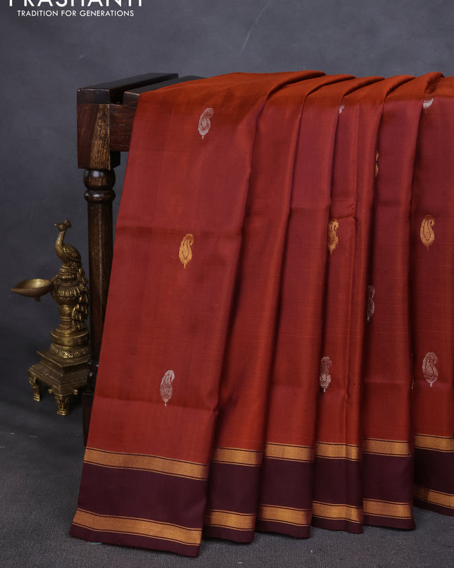 Pure uppada silk saree rustic orange and deep wine with silver & gold zari woven paisley buttas and zari woven border