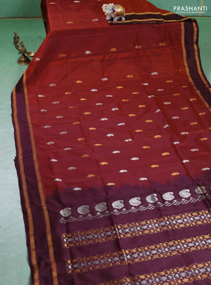 Pure uppada silk saree rustic orange and deep wine with silver & gold zari woven paisley buttas and zari woven border