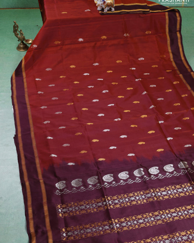Pure uppada silk saree rustic orange and deep wine with silver & gold zari woven paisley buttas and zari woven border