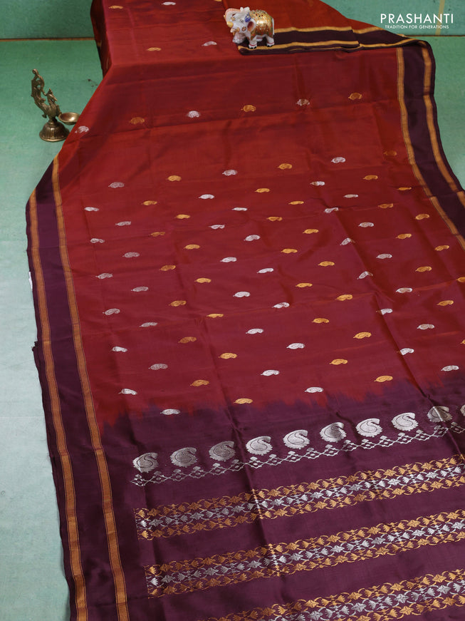 Pure uppada silk saree rustic orange and deep wine with silver & gold zari woven paisley buttas and zari woven border