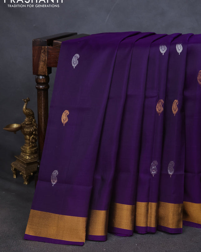 Pure uppada silk saree violet with silver & gold zari woven paisley buttas and zari woven border