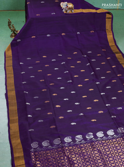 Pure uppada silk saree violet with silver & gold zari woven paisley buttas and zari woven border