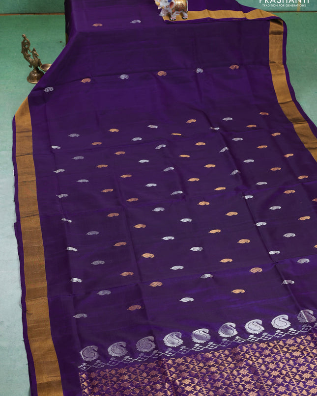 Pure uppada silk saree violet with silver & gold zari woven paisley buttas and zari woven border