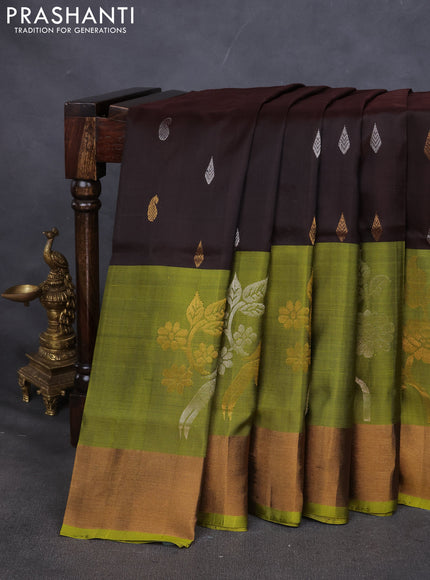 Pure uppada silk saree coffee brown and mehendi green with silver & gold zari woven paisley buttas and long rich zari woven border