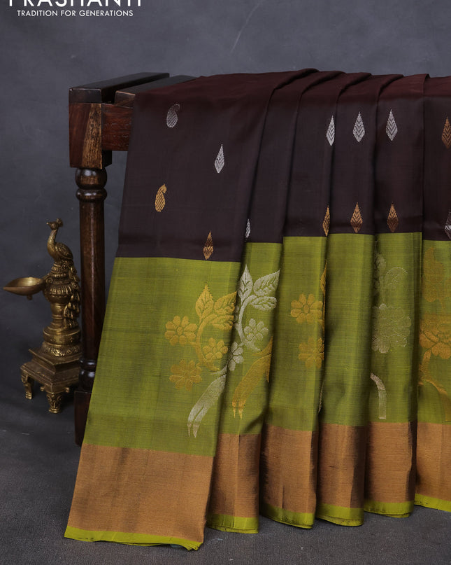 Pure uppada silk saree coffee brown and mehendi green with silver & gold zari woven paisley buttas and long rich zari woven border