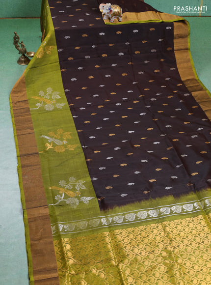 Pure uppada silk saree coffee brown and mehendi green with silver & gold zari woven paisley buttas and long rich zari woven border