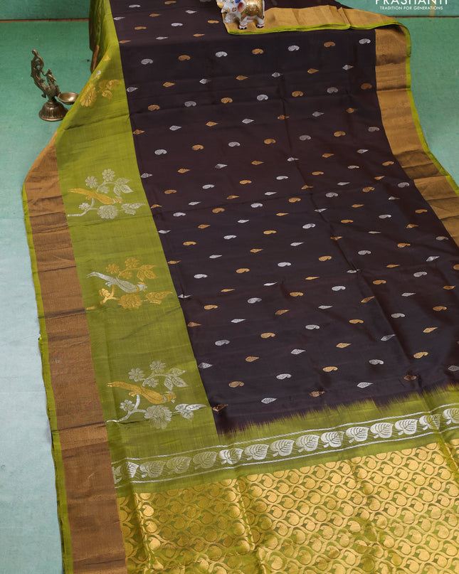Pure uppada silk saree coffee brown and mehendi green with silver & gold zari woven paisley buttas and long rich zari woven border