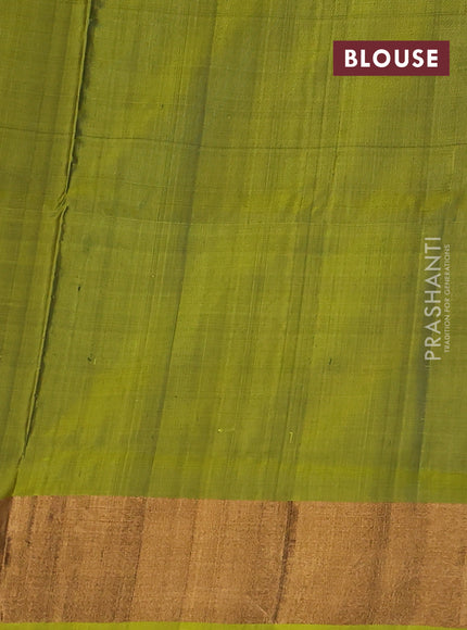 Pure uppada silk saree coffee brown and mehendi green with silver & gold zari woven paisley buttas and long rich zari woven border