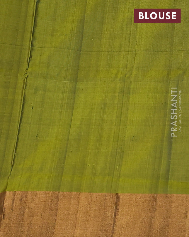 Pure uppada silk saree coffee brown and mehendi green with silver & gold zari woven paisley buttas and long rich zari woven border