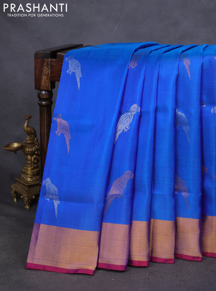 Pure uppada silk saree cs blue with silver & gold zari woven bird buttas and zari woven border