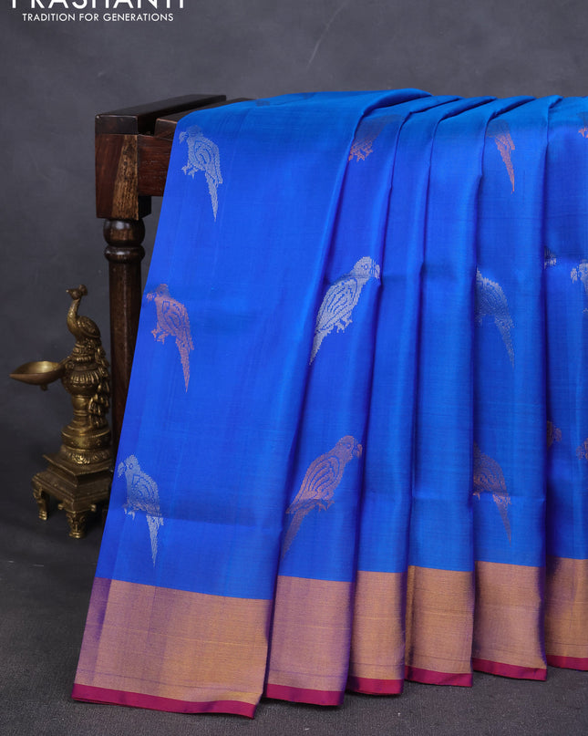 Pure uppada silk saree cs blue with silver & gold zari woven bird buttas and zari woven border