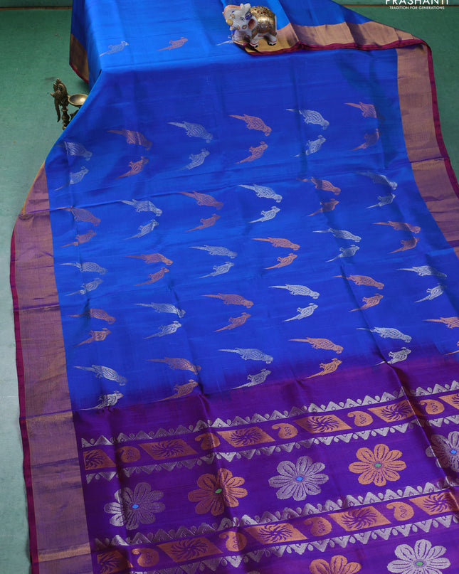 Pure uppada silk saree cs blue with silver & gold zari woven bird buttas and zari woven border