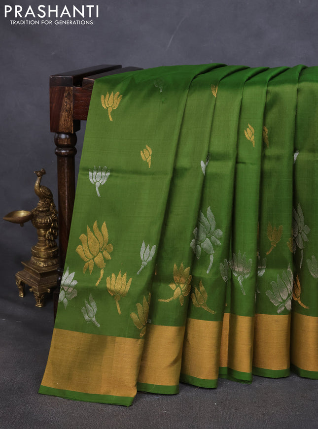 Pure uppada silk saree mehendi green with silver & gold paisley buttas and zari woven border