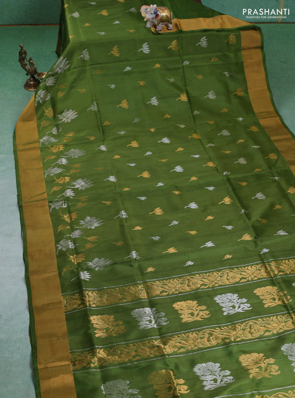 Pure uppada silk saree mehendi green with silver & gold paisley buttas and zari woven border