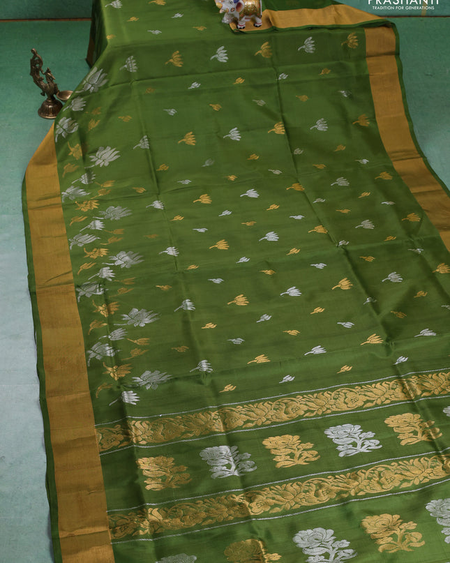 Pure uppada silk saree mehendi green with silver & gold paisley buttas and zari woven border