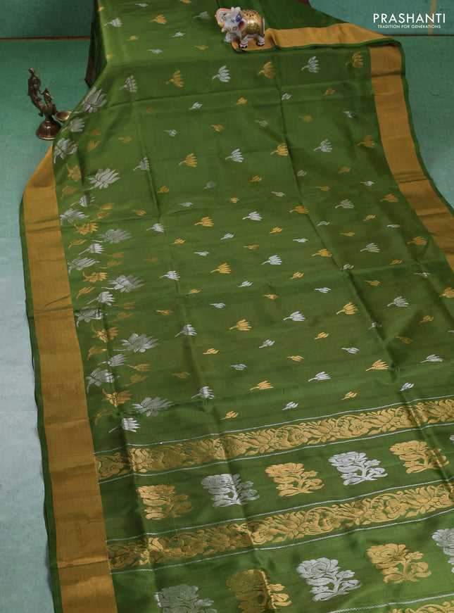 Pure uppada silk saree mehendi green with silver & gold paisley buttas and zari woven border