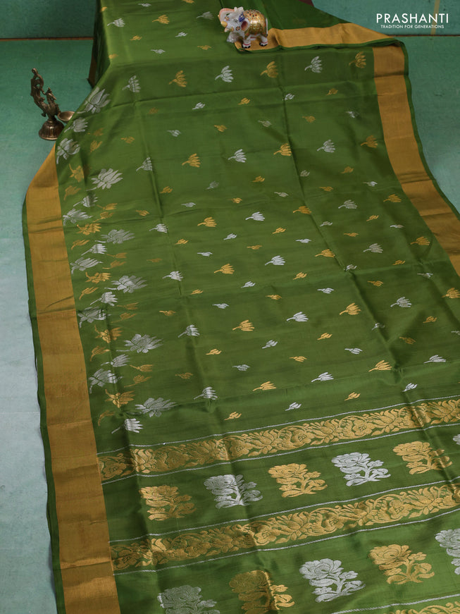 Pure uppada silk saree mehendi green with silver & gold paisley buttas and zari woven border