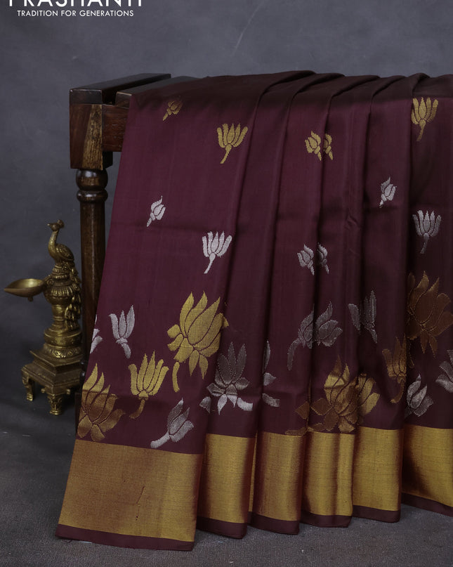 Pure uppada silk saree coffee brown with silver & gold paisley buttas and zari woven border