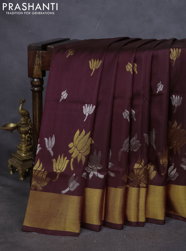 Pure uppada silk saree coffee brown with silver & gold paisley buttas and zari woven border