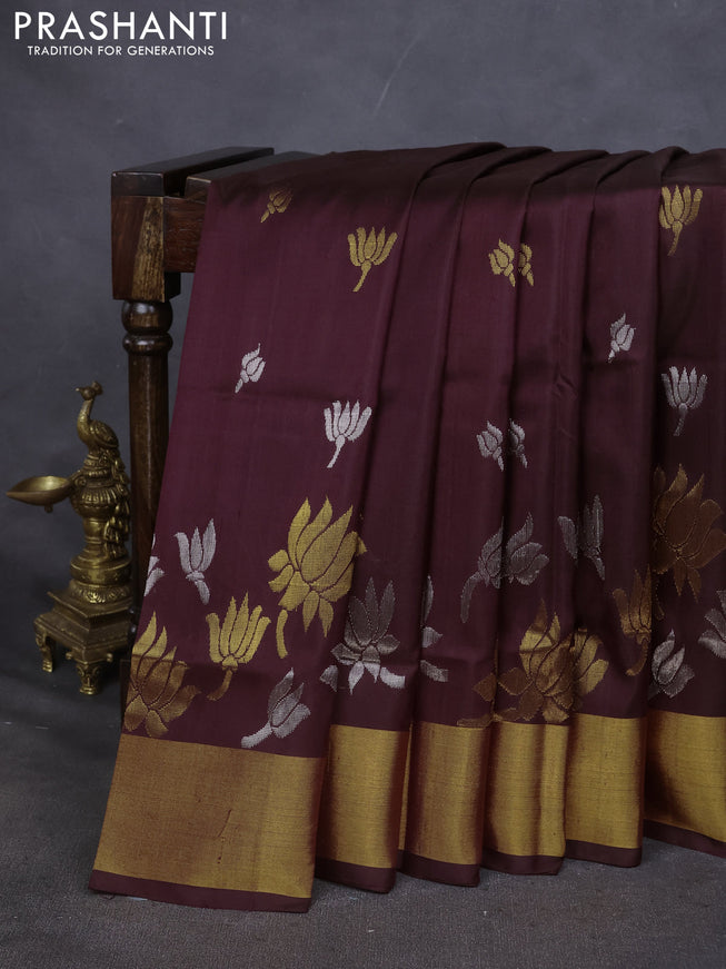 Pure uppada silk saree coffee brown with silver & gold paisley buttas and zari woven border