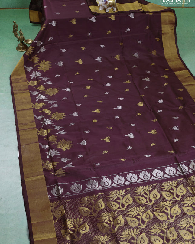 Pure uppada silk saree coffee brown with silver & gold paisley buttas and zari woven border