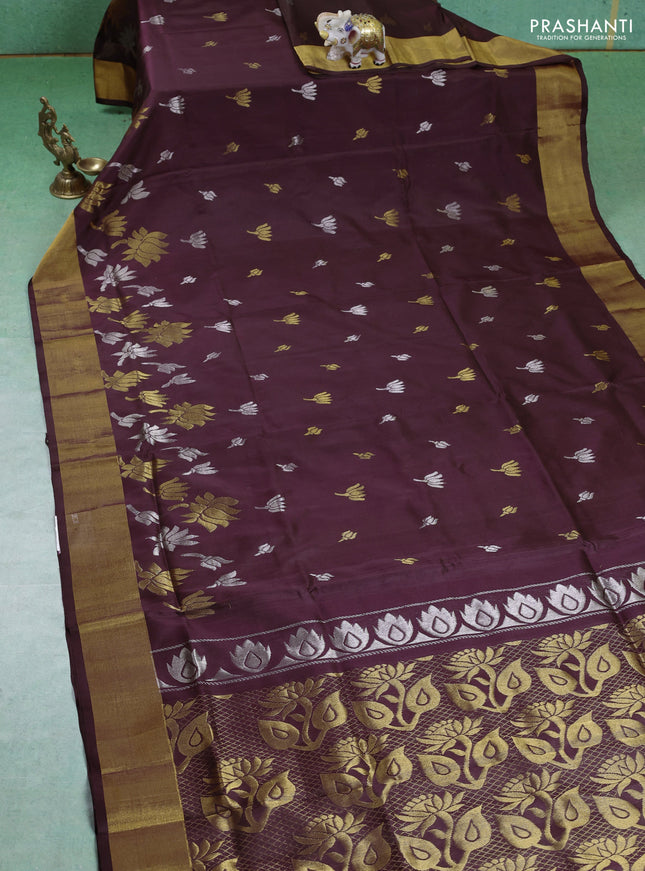 Pure uppada silk saree coffee brown with silver & gold paisley buttas and zari woven border