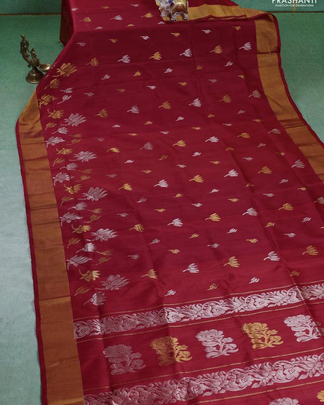 Pure uppada silk saree red with silver & gold paisley buttas and zari woven border