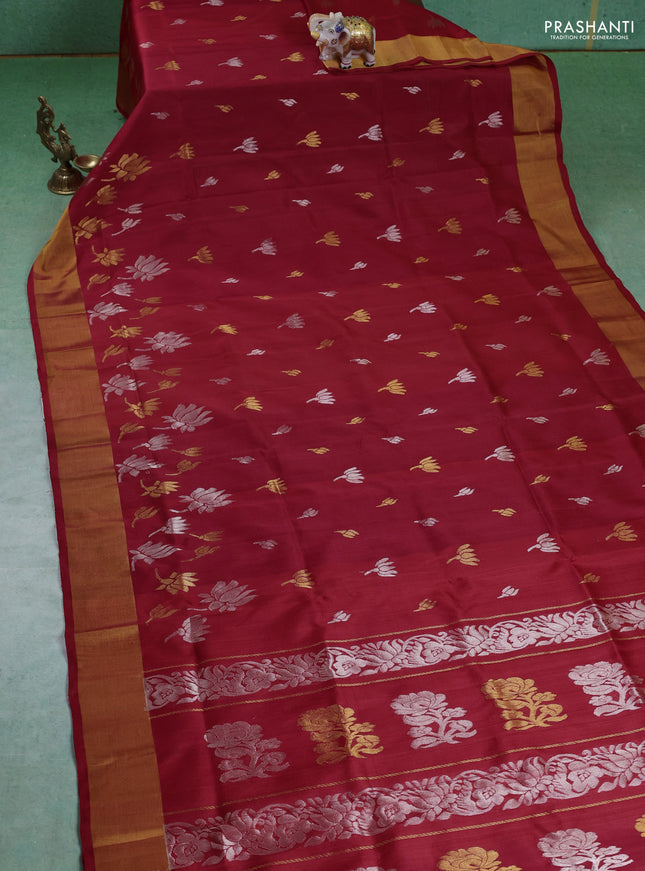 Pure uppada silk saree red with silver & gold paisley buttas and zari woven border
