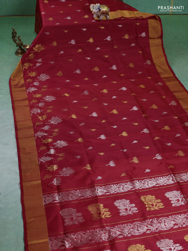 Pure uppada silk saree red with silver & gold paisley buttas and zari woven border
