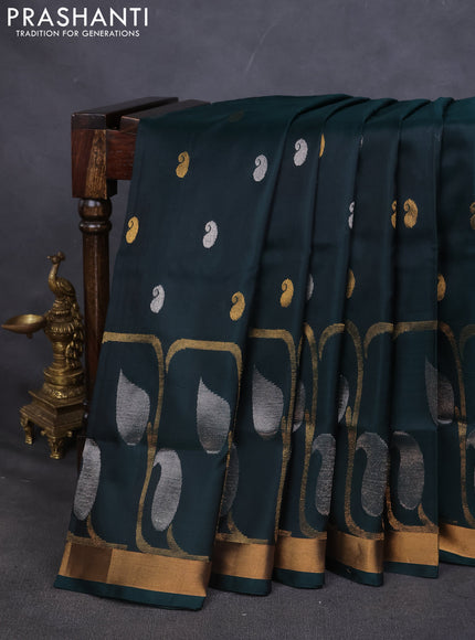 Pure uppada silk saree green with silver & gold paisley buttas and zari woven border