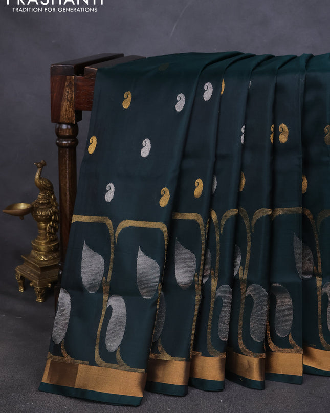 Pure uppada silk saree green with silver & gold paisley buttas and zari woven border