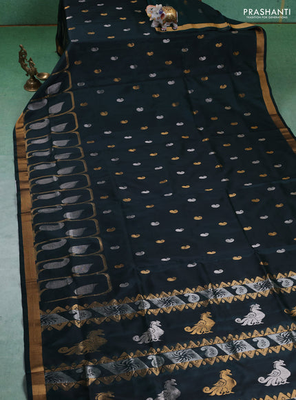 Pure uppada silk saree green with silver & gold paisley buttas and zari woven border