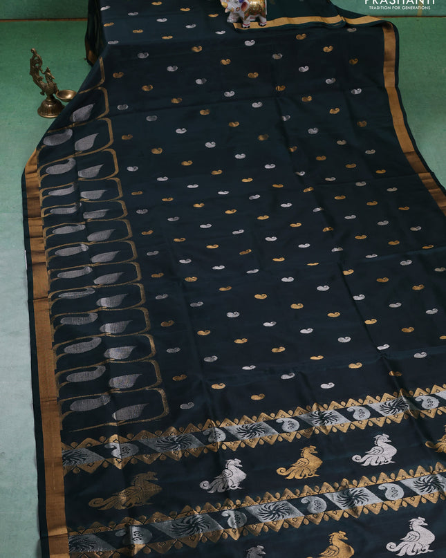 Pure uppada silk saree green with silver & gold paisley buttas and zari woven border