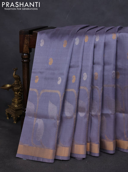 Pure uppada silk saree pastel grey with silver & gold paisley buttas and zari woven border