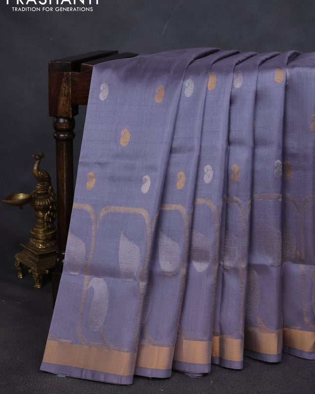 Pure uppada silk saree pastel grey with silver & gold paisley buttas and zari woven border