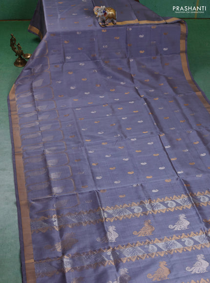 Pure uppada silk saree pastel grey with silver & gold paisley buttas and zari woven border