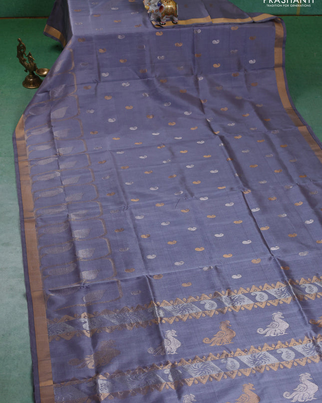 Pure uppada silk saree pastel grey with silver & gold paisley buttas and zari woven border