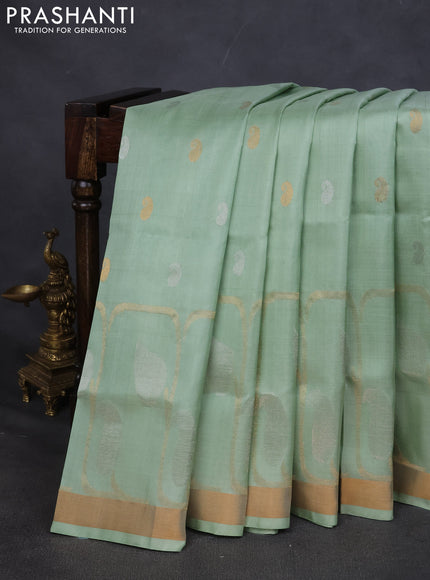 Pure uppada silk saree pista green with silver & gold paisley buttas and zari woven border