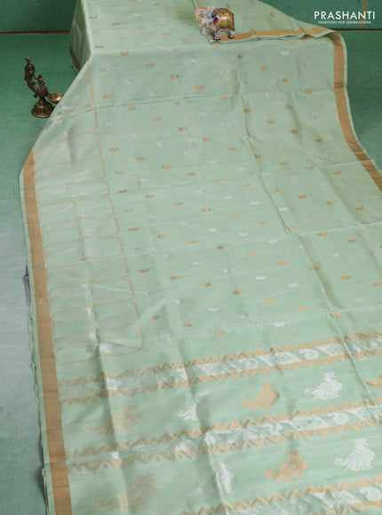 Pure uppada silk saree pista green with silver & gold paisley buttas and zari woven border