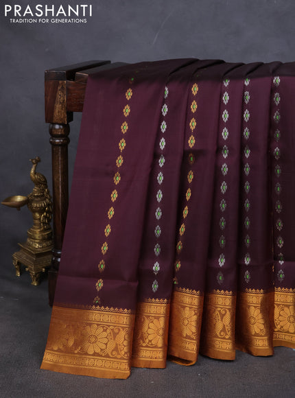 Pure uppada silk saree coffee brown and dark mustard with silver & gold zari woven buttas and zari woven border