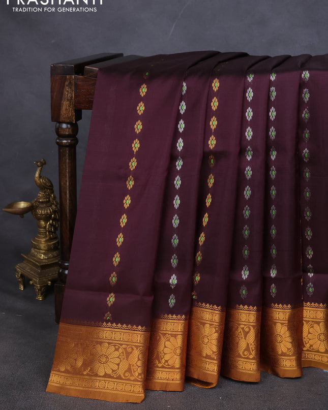 Pure uppada silk saree coffee brown and dark mustard with silver & gold zari woven buttas and zari woven border