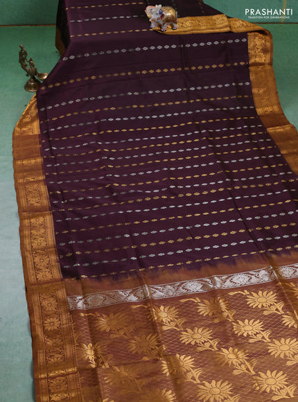 Pure uppada silk saree coffee brown and dark mustard with silver & gold zari woven buttas and zari woven border