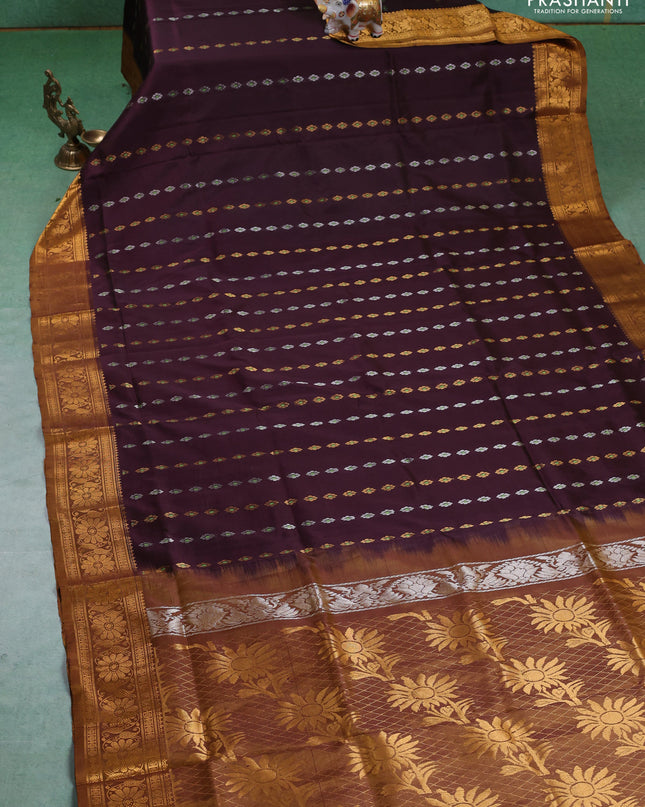 Pure uppada silk saree coffee brown and dark mustard with silver & gold zari woven buttas and zari woven border
