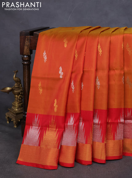 Pure uppada silk saree sunset orange and red with silver & gold zari woven buttas and temple zari woven border