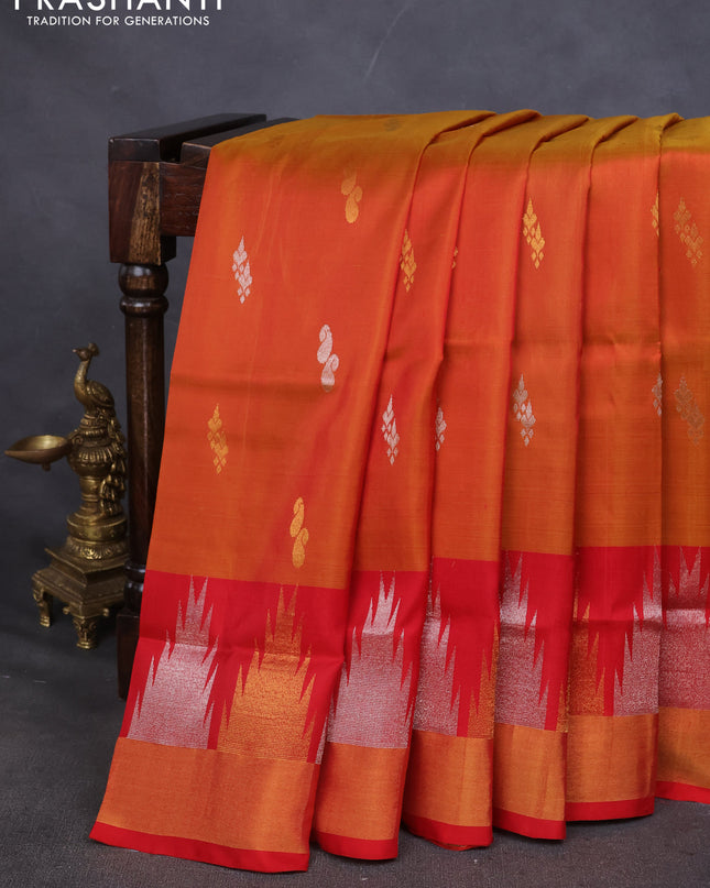 Pure uppada silk saree sunset orange and red with silver & gold zari woven buttas and temple zari woven border