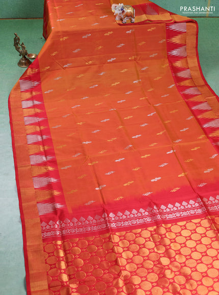Pure uppada silk saree sunset orange and red with silver & gold zari woven buttas and temple zari woven border