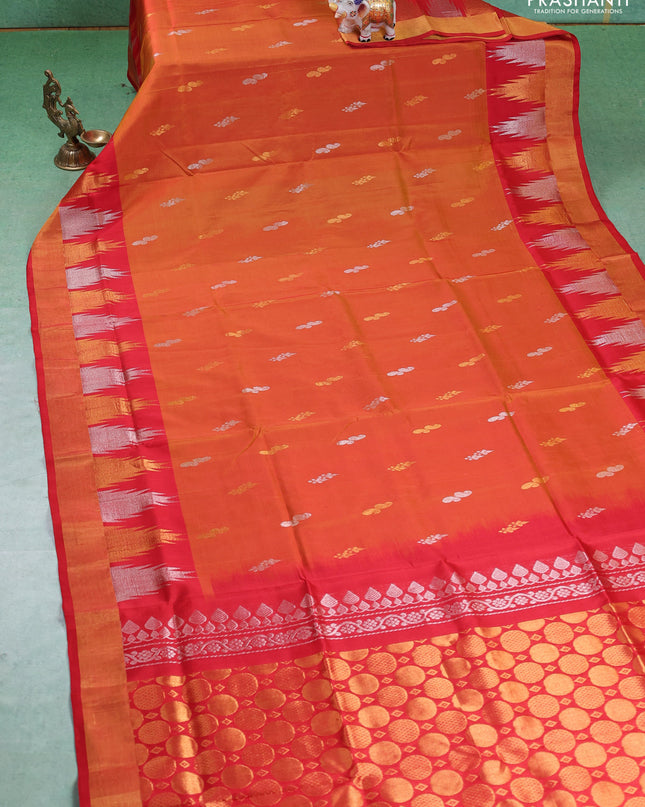 Pure uppada silk saree sunset orange and red with silver & gold zari woven buttas and temple zari woven border